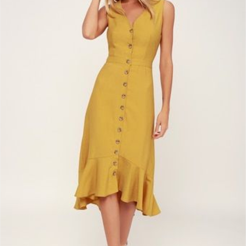 Lulu's Mustard Midi Dress with Ruffle Hem